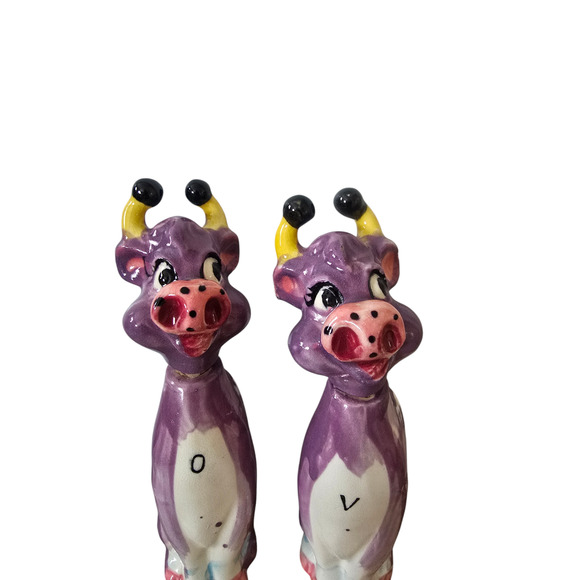 Vintage Purple Cow Oil and Vinegar Hand Painted Cruets Made in Thames  Japan - Picture 2 of 6
